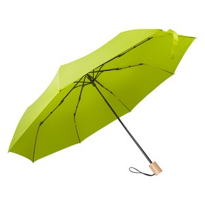 EgotierPro 50651 - RPET Pongee Folding Umbrella with Wooden Handle PUCK Green